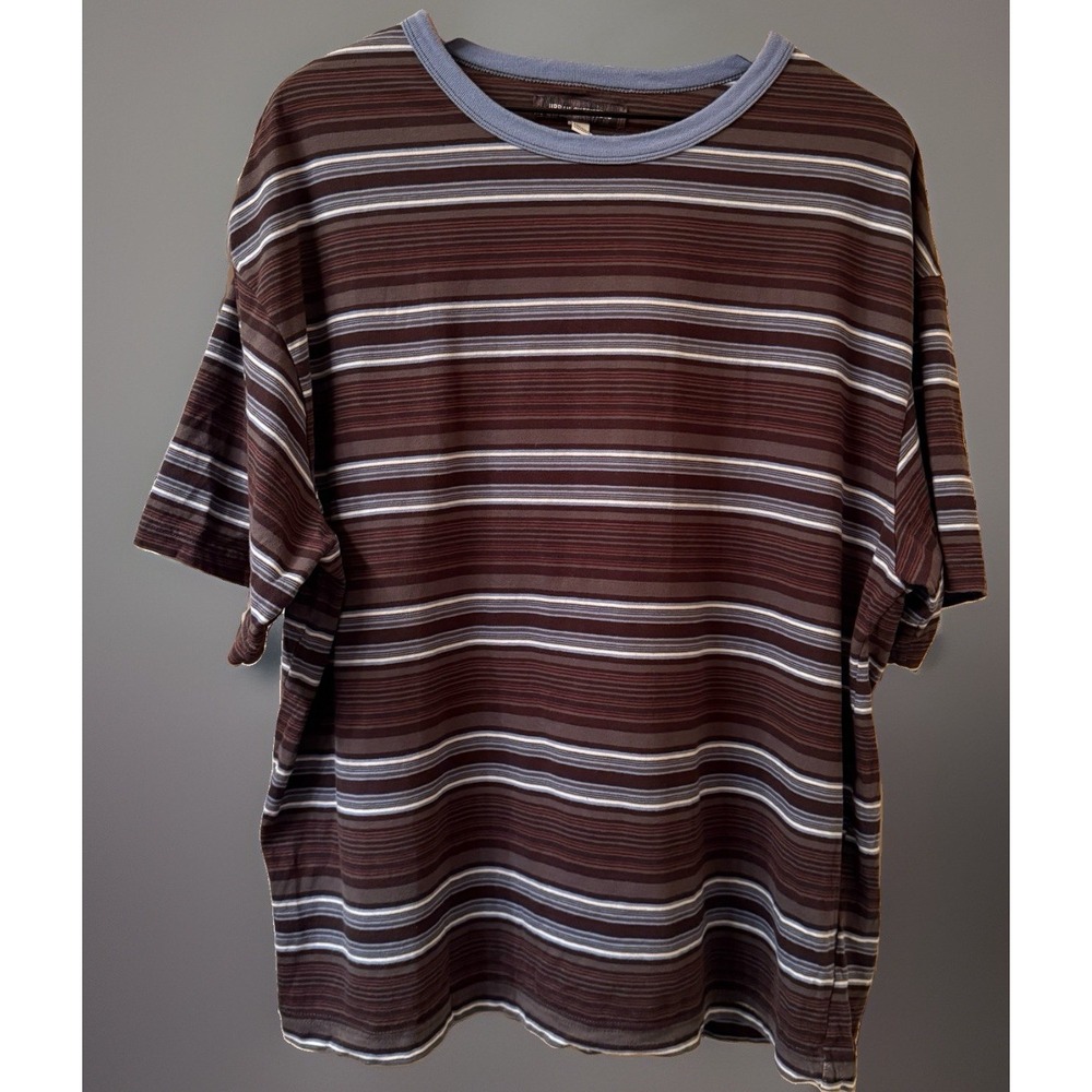 Urban Outfitters Men's L Large Ringer Striped T Shirt Blue Brown Y2K Crewneck